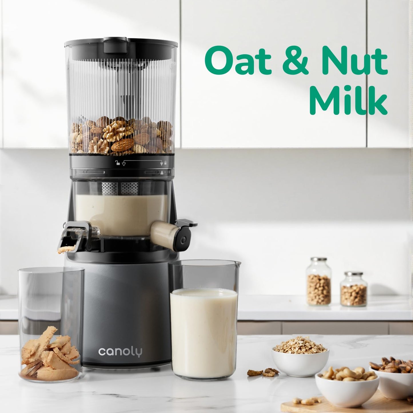 Canoly C16 cold press juicer, 6" chute, 3 filters, juice/sorbet/nut milk, BPA-free