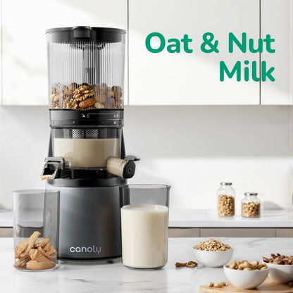 Canoly C16 cold press juicer, 6" chute, 3 filters, juice/sorbet/nut milk, BPA-free